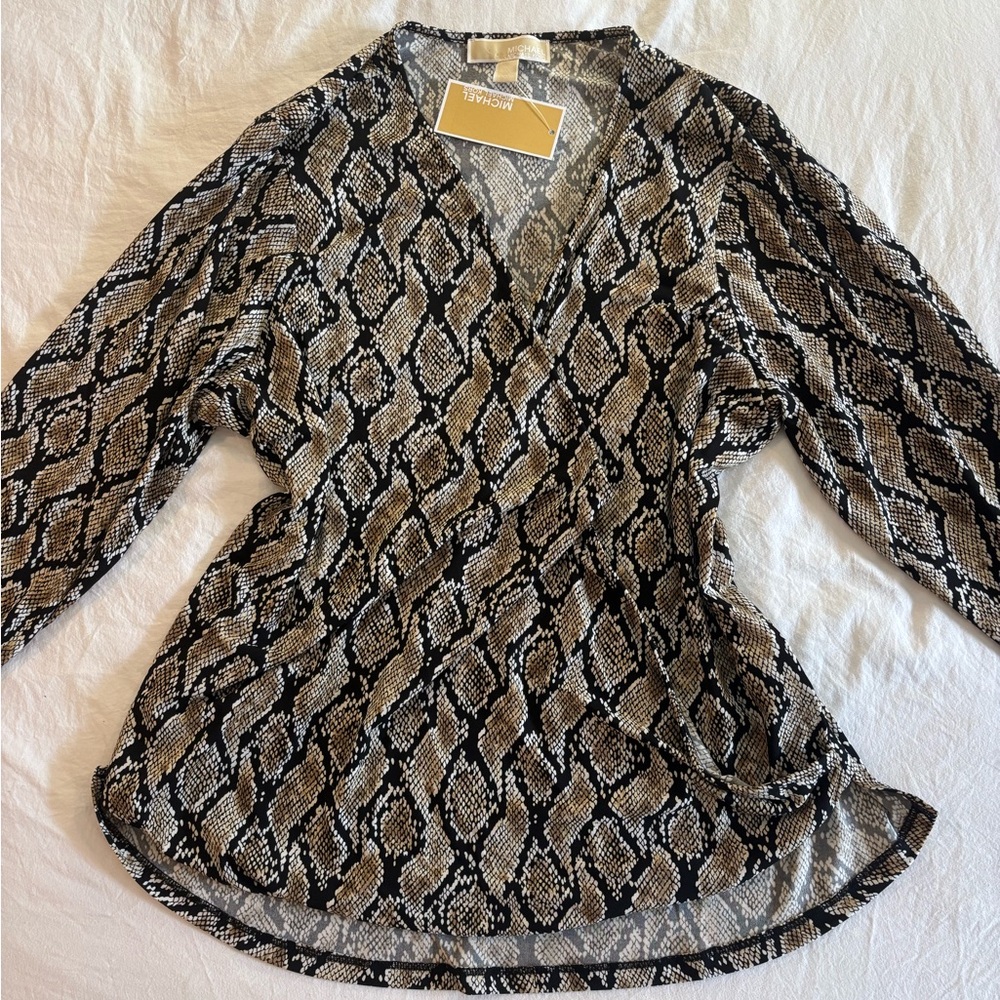 Michael Kors Black and Tan Patterned Blouse